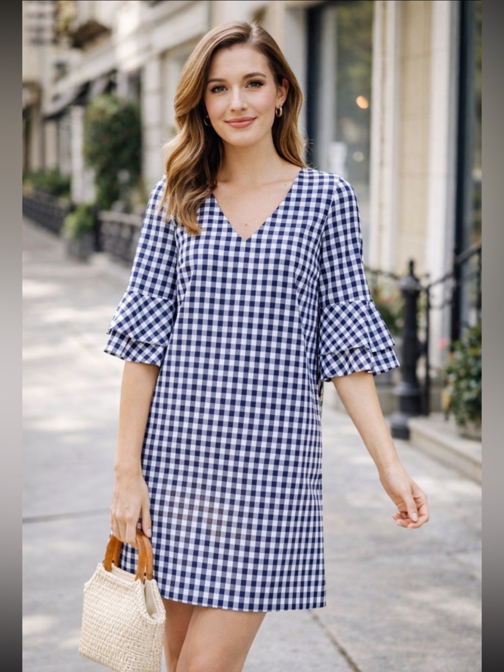 Draper James Gingham Bell Sleeve Mini Dress Navy White Size 0 NWT